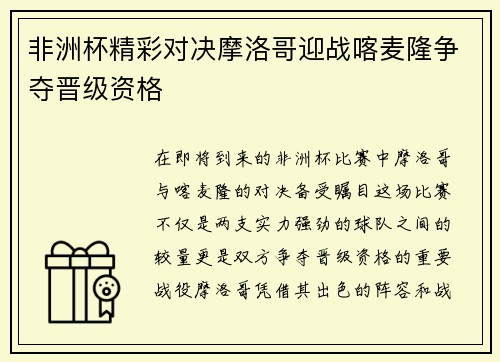 非洲杯精彩对决摩洛哥迎战喀麦隆争夺晋级资格
